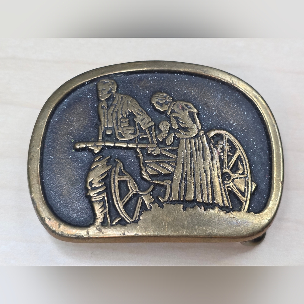 Pioneers Man/Woman With A Handcart Brass Belt Buckle (Rare)